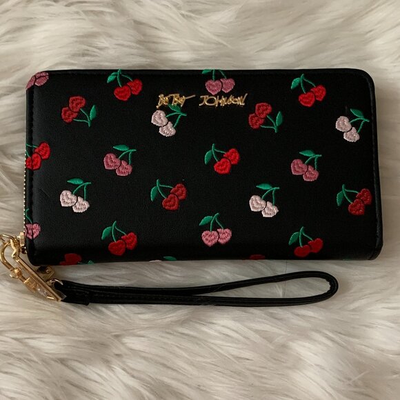 BETSEY JOHNSON Cherry Embroidered Faux Leather Wallet Wristlet - Picture 2 of 4